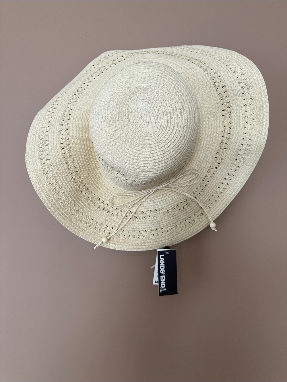 Lands' End Cream Straw Sun Hat with Decorative Tie